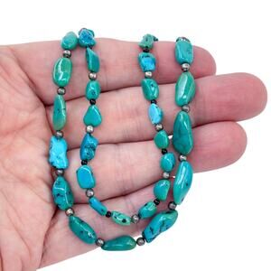 Vintage Sterling Silver 925 Two Strand Turquoise Beaded Necklace 20.5"-22"